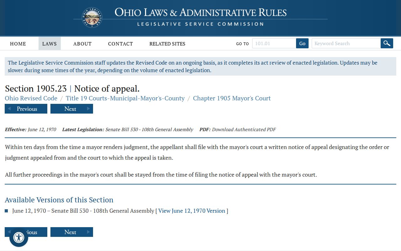 Byesville court records Ohio Revised Code 1905.23 Mayor's Court appeal source