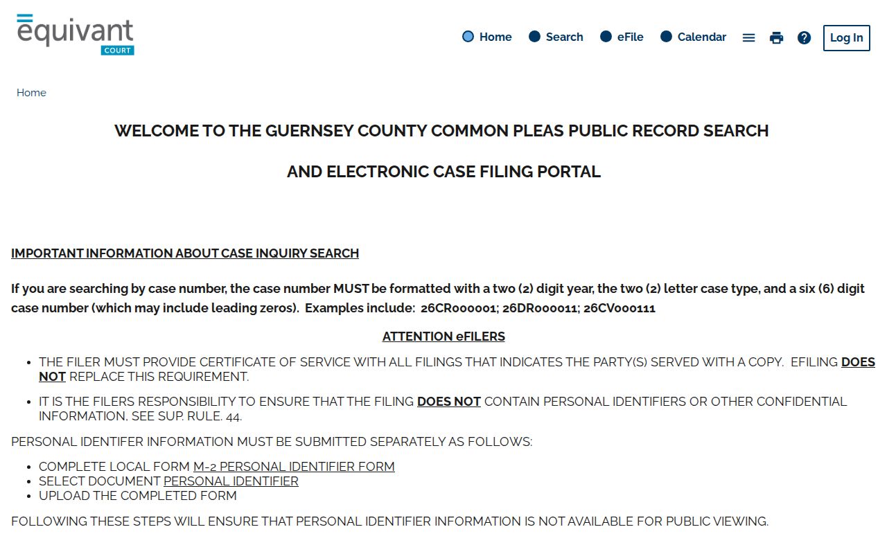Guernsey County docket search through the Clerk eServices interface