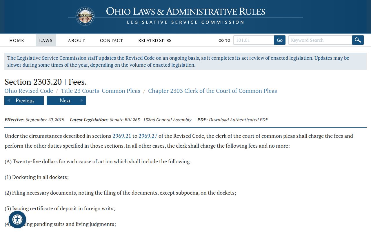 Guernsey County civil docket clerk certification and court-record fee authority