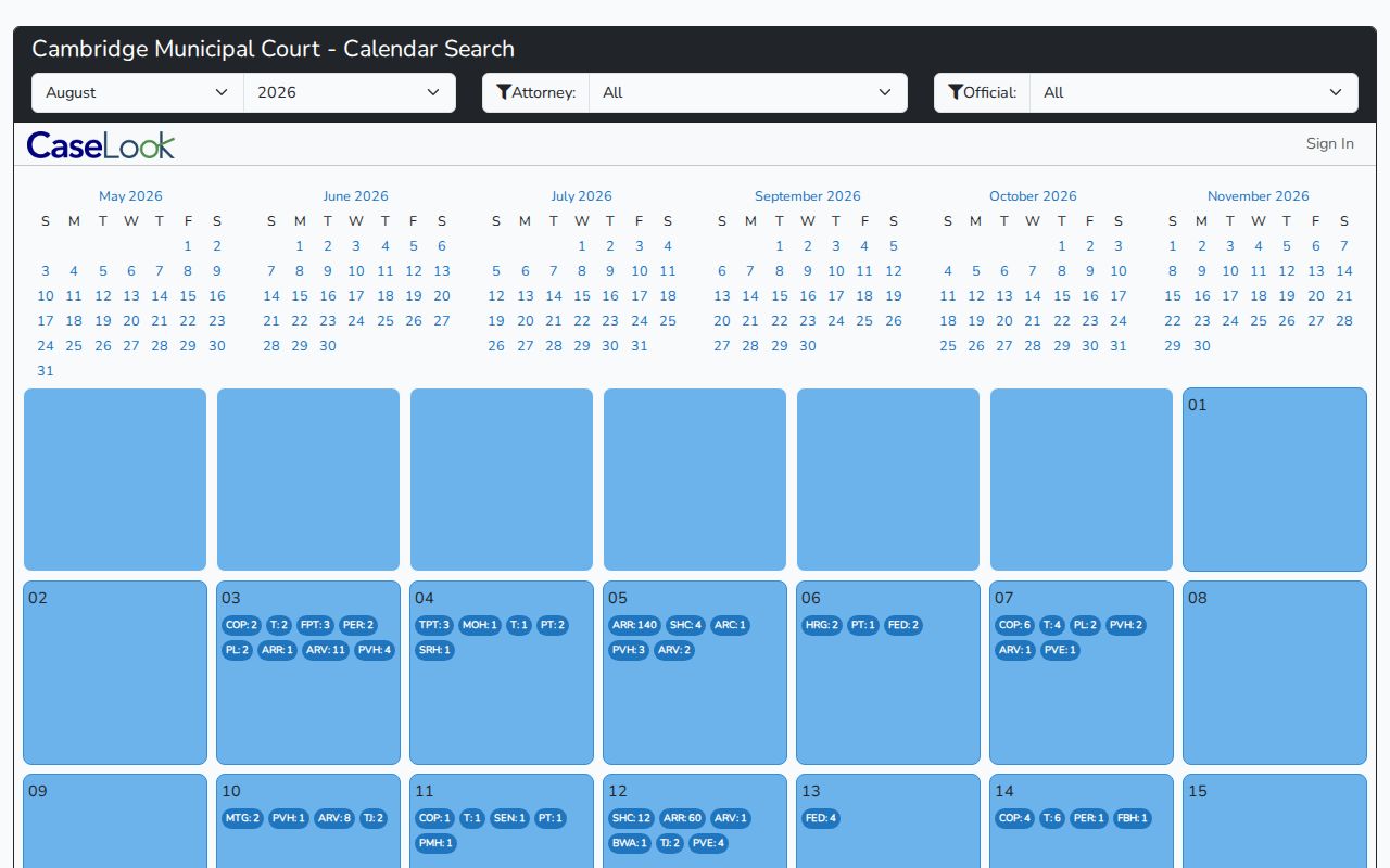 Quaker City court records Cambridge CaseLook calendar interface