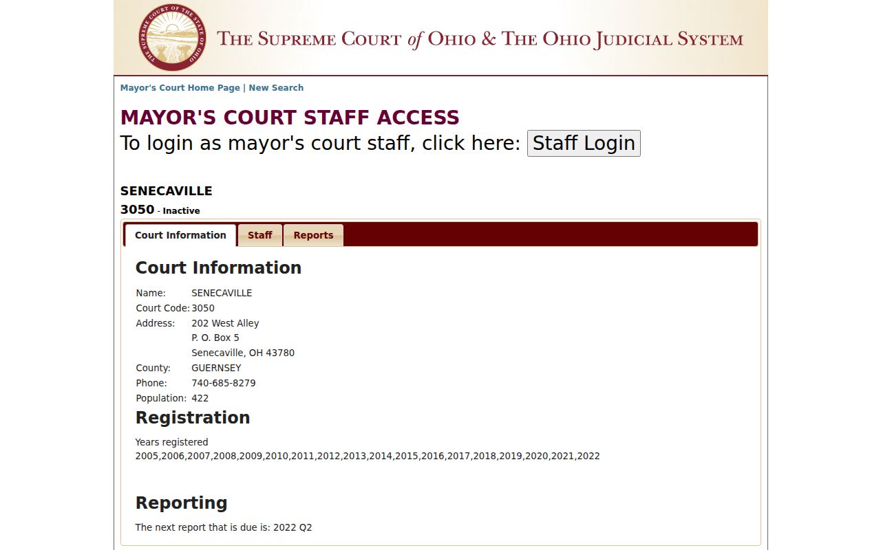 Senecaville court records inactive Mayor's Court registry status